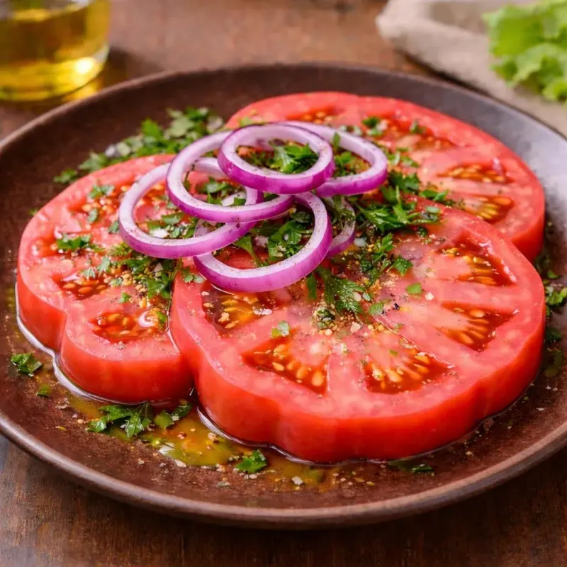 Tomate Rosa Búlgaro con Cebolla y Albahaca